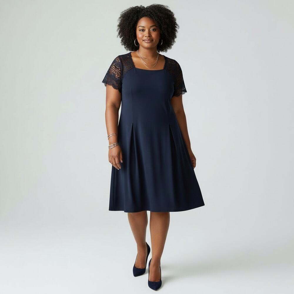 Lauren Ralph Lauren Crochet Sleeve Knee Length Dress NWT Women's Sz 2X Navy